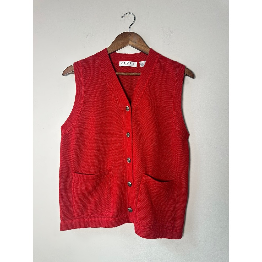 Vintage 90s Red Wool Blend Button Front Sweater Vest with Pockets S